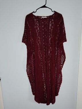 Zara Kaftan Maroon Lace Crochet Sheer Boho Swim Suit Cover Up